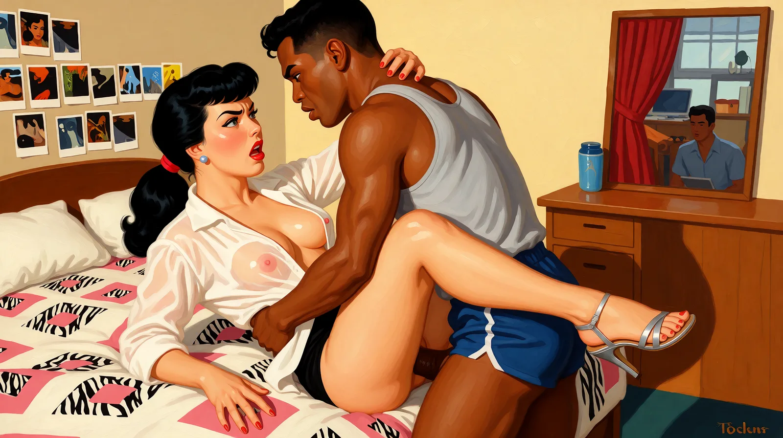 Redraw the entire picture as a retro pin-up illustration: smooth airbrushed gouache paint, warm saturated mid-century colour, clean confident outlines and glamorous stylised features, in the look of a 1950s pin-up poster. The background is painted in the same style. Nothing in the frame keeps its photographic appearance. Above all, the picture must show: terrified, angry, straight black hair.