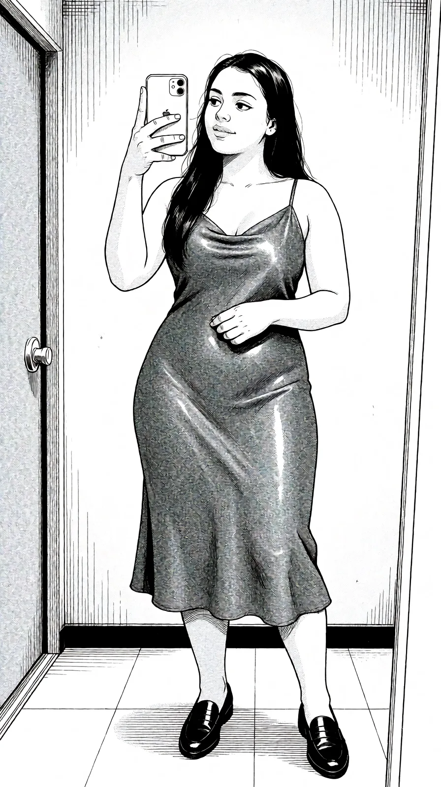 Redraw the entire picture as a black and white manga page: crisp black ink line art, no colour anywhere, flat halftone screentone shading, hatched shadows and clean white highlights, in the look of a printed manga panel. The background is drawn in the same style. Nothing in the frame keeps its photographic appearance. Above all, the picture must show: nude.