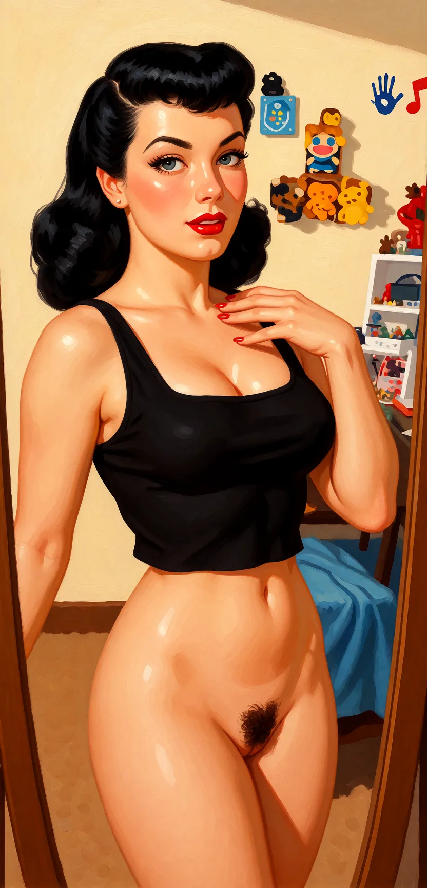 Redraw the entire picture as a retro pin-up illustration: smooth airbrushed gouache paint, warm saturated mid-century colour, clean confident outlines and glamorous stylised features, in the look of a 1950s pin-up poster. The background is painted in the same style. Nothing in the frame keeps its photographic appearance. Above all, the picture must show: naked.