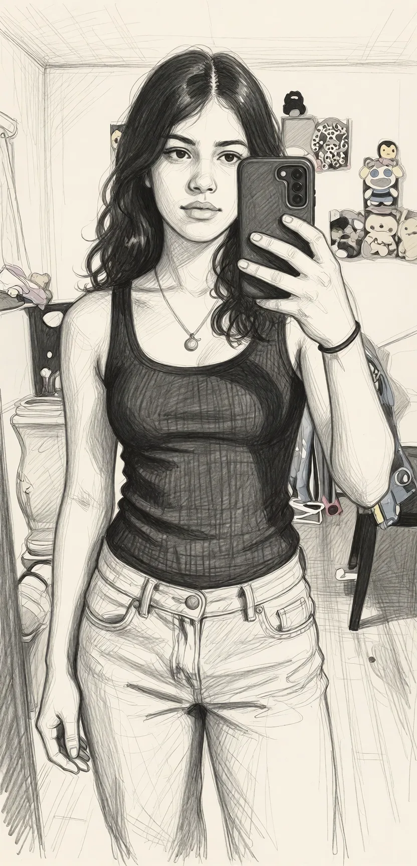 Redraw the entire picture as a hand-drawn graphite sketch on off-white paper: visible pencil strokes, cross-hatched shading, loose construction lines and no colour beyond the grey of the pencil and the tone of the paper. The background is drawn in the same style. Nothing in the frame keeps its photographic appearance. Above all, the picture must show: Make her naked dont change anything about the face keep.