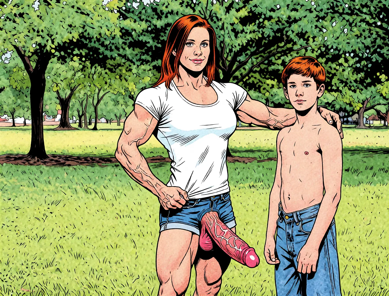 Redraw the entire picture as western comic-book art: heavy black inked outlines, hard-edged cel shading, limited high-contrast colour and visible halftone dot texture. The background is drawn in the same style. Nothing in the frame keeps its photographic appearance. Above all, the picture must show: right person fellatio.