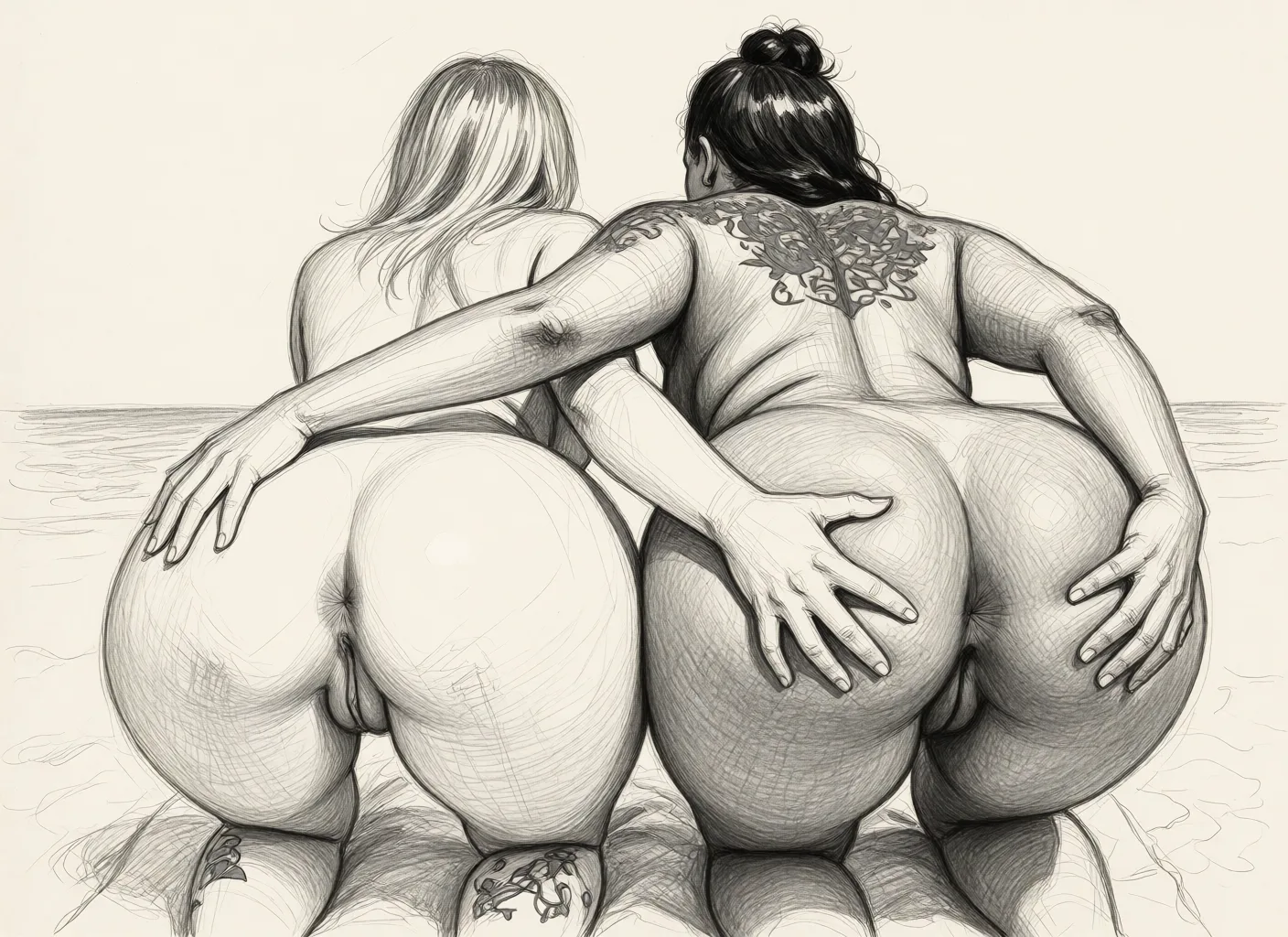 Redraw the entire picture as a hand-drawn graphite sketch on off-white paper: visible pencil strokes, cross-hatched shading, loose construction lines and no colour beyond the grey of the pencil and the tone of the paper. The background is drawn in the same style. Nothing in the frame keeps its photographic appearance. Above all, the picture must show: two erotic lesbians tougether are holding each other's buttocks.