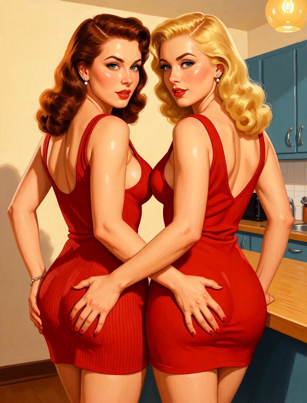 Redraw the entire picture as a retro pin-up illustration: smooth airbrushed gouache paint, warm saturated mid-century colour, clean confident outlines and glamorous stylised features, in the look of a 1950s pin-up poster. The background is painted in the same style. Nothing in the frame keeps its photographic appearance. Above all, the picture must show: two erotic lesbians tougether are holding each other's buttocks.
