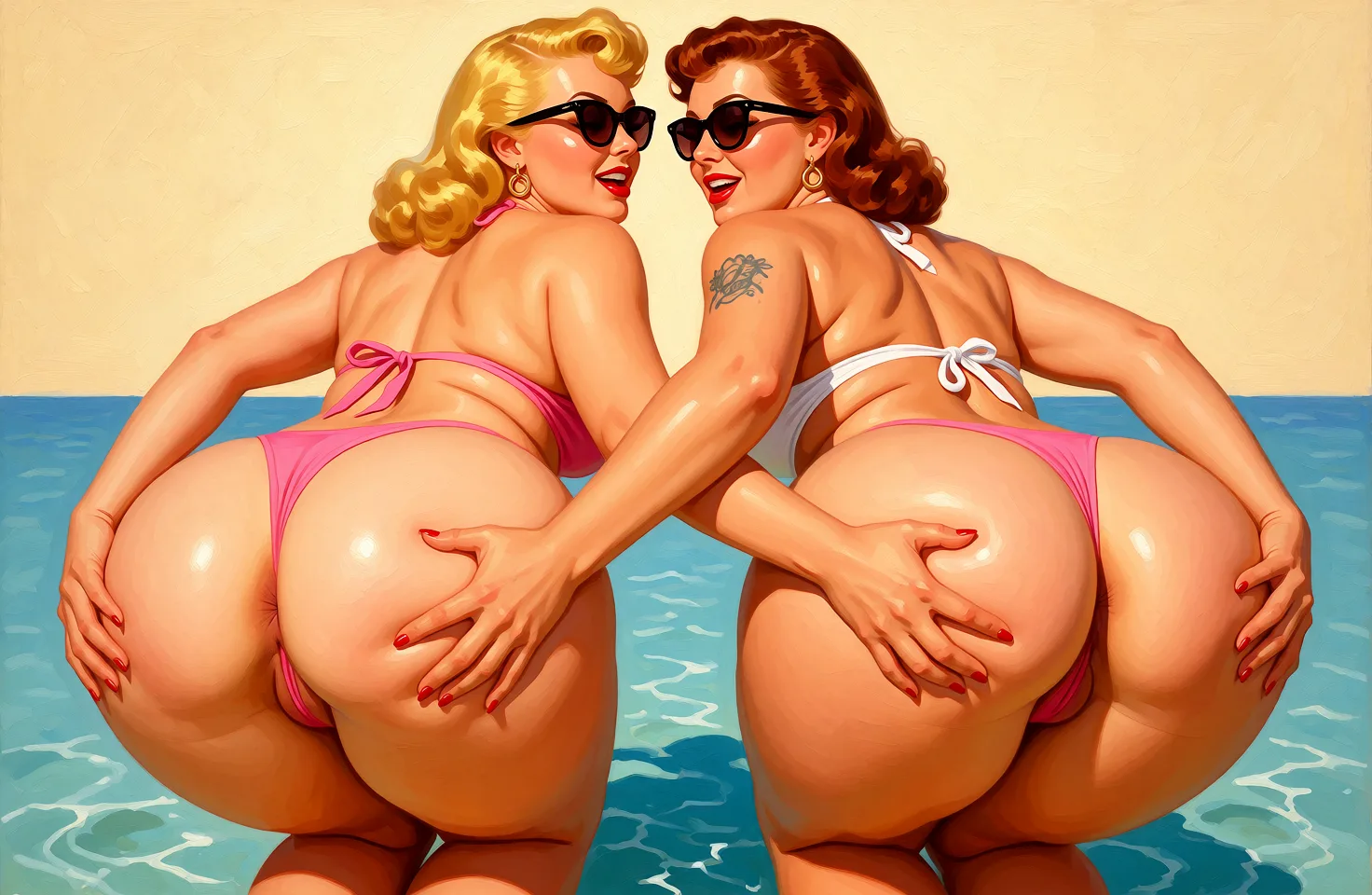 Redraw the entire picture as a retro pin-up illustration: smooth airbrushed gouache paint, warm saturated mid-century colour, clean confident outlines and glamorous stylised features, in the look of a 1950s pin-up poster. The background is painted in the same style. Nothing in the frame keeps its photographic appearance. Above all, the picture must show: two erotic lesbians tougether are holding each other's buttocks.