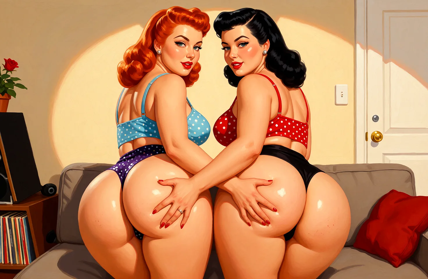 Redraw the entire picture as a retro pin-up illustration: smooth airbrushed gouache paint, warm saturated mid-century colour, clean confident outlines and glamorous stylised features, in the look of a 1950s pin-up poster. The background is painted in the same style. Nothing in the frame keeps its photographic appearance. Above all, the picture must show: two sexy lesbians grabbing hands on two asses tougether.
