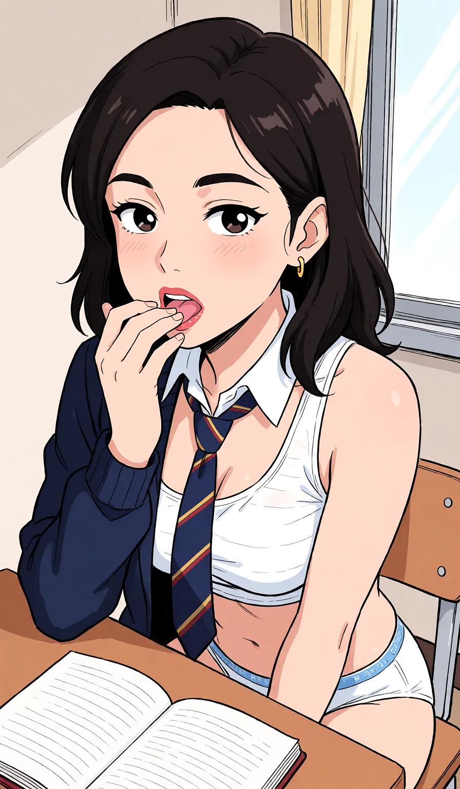 Redraw the entire picture as a hand-drawn anime illustration in flat cel-shaded anime style. It stays the same person with the same face, the same expression, the same hair and the same skin tone, and every other detail of the photograph is kept exactly as it is: nothing is added, removed, moved, uncovered or recoloured. Only the medium changes, and no part of the picture is left photographic. Above all, the picture must show: chica sola, uniforme escolar, bragas a un lado, sentada en el escritorio, lamiendo los dedos.