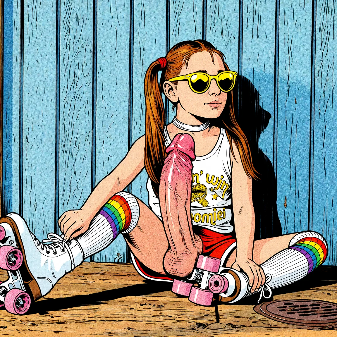 Redraw the entire picture as western comic-book art: heavy black inked outlines, hard-edged cel shading, limited high-contrast colour and visible halftone dot texture. The background is drawn in the same style. Nothing in the frame keeps its photographic appearance. Above all, the picture must show: fellatio huge_penis.