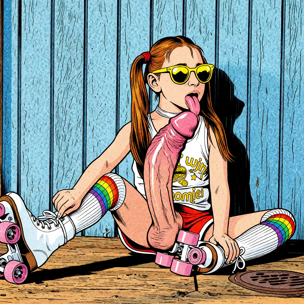 Redraw the entire picture as western comic-book art: heavy black inked outlines, hard-edged cel shading, limited high-contrast colour and visible halftone dot texture. The background is drawn in the same style. Nothing in the frame keeps its photographic appearance. Above all, the picture must show: licking huge_penis.