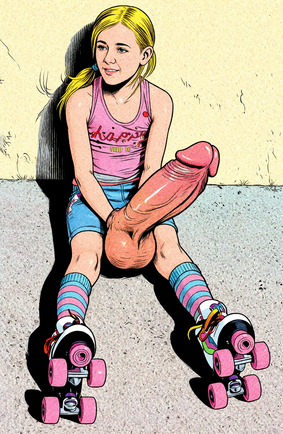 Redraw the entire picture as western comic-book art: heavy black inked outlines, hard-edged cel shading, limited high-contrast colour and visible halftone dot texture. The background is drawn in the same style. Nothing in the frame keeps its photographic appearance. Above all, the picture must show: huge_penis bulge.