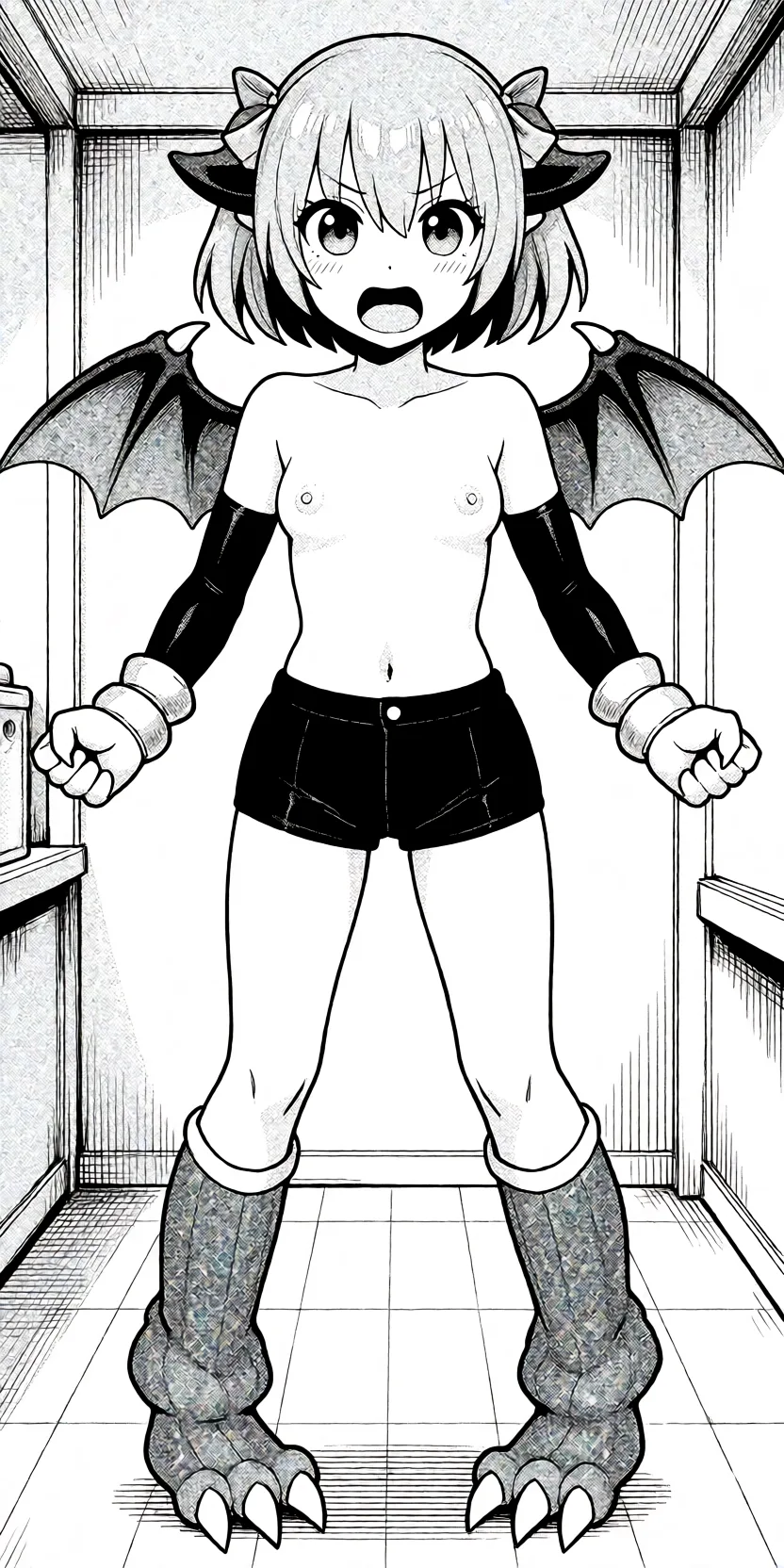 Redraw the entire picture as a black and white manga page: crisp black ink line art, no colour anywhere, flat halftone screentone shading, hatched shadows and clean white highlights, in the look of a printed manga panel. The background is drawn in the same style. Nothing in the frame keeps its photographic appearance. Above all, the picture must show: Take off your chest clothes.