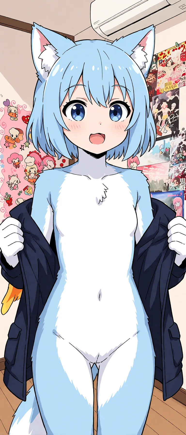 Redraw the entire picture as a hand-drawn anime illustration in flat cel-shaded anime style. It stays the same person with the same face, the same expression, the same hair and the same skin tone, and every other detail of the photograph is kept exactly as it is: nothing is added, removed, moved, uncovered or recoloured. Only the medium changes, and no part of the picture is left photographic. Above all, the picture must show: Take off your coat.