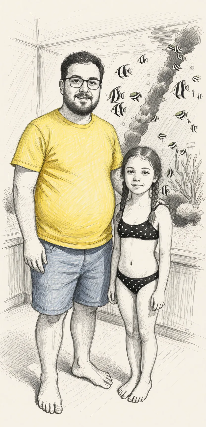 Redraw the entire picture as a hand-drawn graphite sketch on off-white paper: visible pencil strokes, cross-hatched shading, loose construction lines and no colour beyond the grey of the pencil and the tone of the paper. The background is drawn in the same style. Nothing in the frame keeps its photographic appearance. Above all, the picture must show: He has glasses, a beard and a potbelly, she is little and petite, she's wearing a bikini.