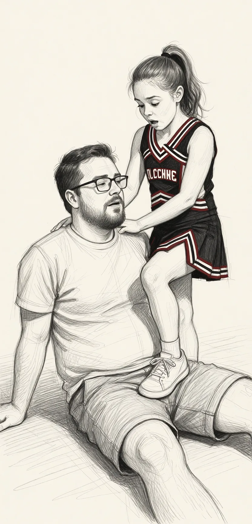 Redraw the entire picture as a hand-drawn graphite sketch on off-white paper: visible pencil strokes, cross-hatched shading, loose construction lines and no colour beyond the grey of the pencil and the tone of the paper. The background is drawn in the same style. Nothing in the frame keeps its photographic appearance. Above all, the picture must show: He has glasses, a beard, a small belly and is sitting on the floor, she has her hands on his shoulders, she's pressing her foot against his crotch, he likes it, he's squeezing her thigh, she's surprised.