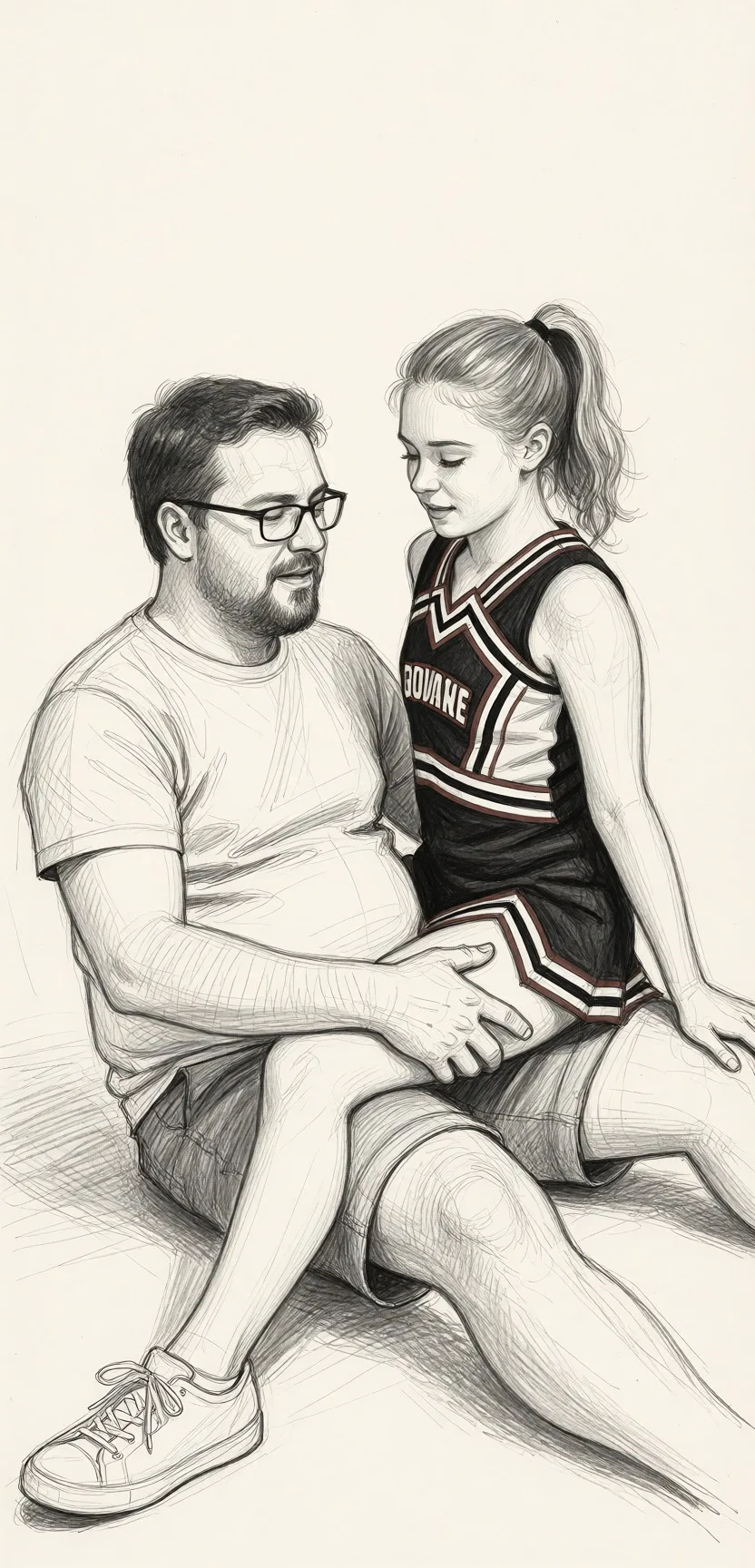Redraw the entire picture as a hand-drawn graphite sketch on off-white paper: visible pencil strokes, cross-hatched shading, loose construction lines and no colour beyond the grey of the pencil and the tone of the paper. The background is drawn in the same style. Nothing in the frame keeps its photographic appearance. Above all, the picture must show: He has glasses, a beard, a small belly and is sitting on the floor, she's sitting on him with both her legs across his lap, he's rubbing the inside of her thigh, she loves it.