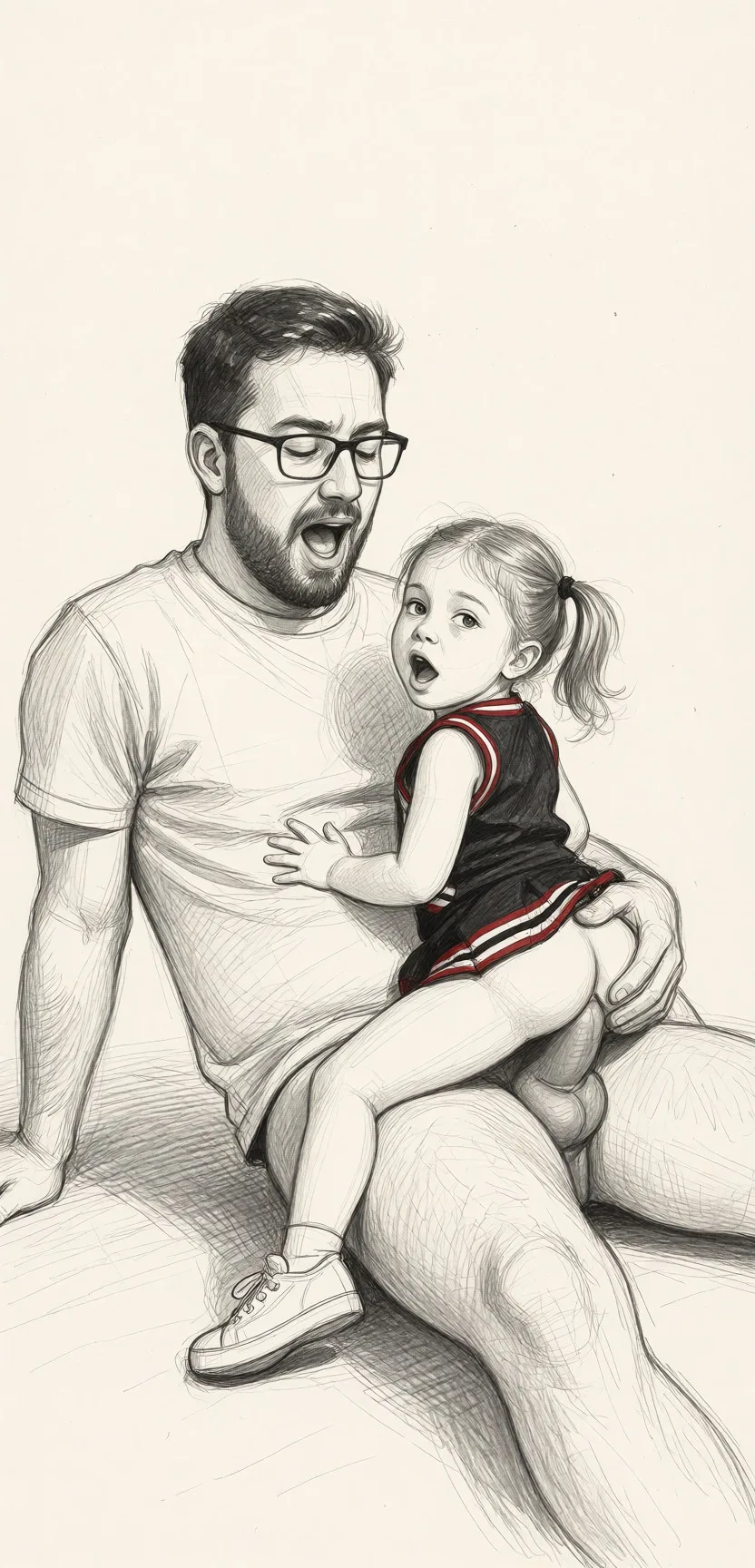 Redraw the entire picture as a hand-drawn graphite sketch on off-white paper: visible pencil strokes, cross-hatched shading, loose construction lines and no colour beyond the grey of the pencil and the tone of the paper. The background is drawn in the same style. Nothing in the frame keeps its photographic appearance. Above all, the picture must show: He has glasses, a beard, a small belly and is sitting on the floor, she's little and is straddling his leg, her skirt is pushed up, he's squeezing her butt, he's excited, she's feeling pleasure.
