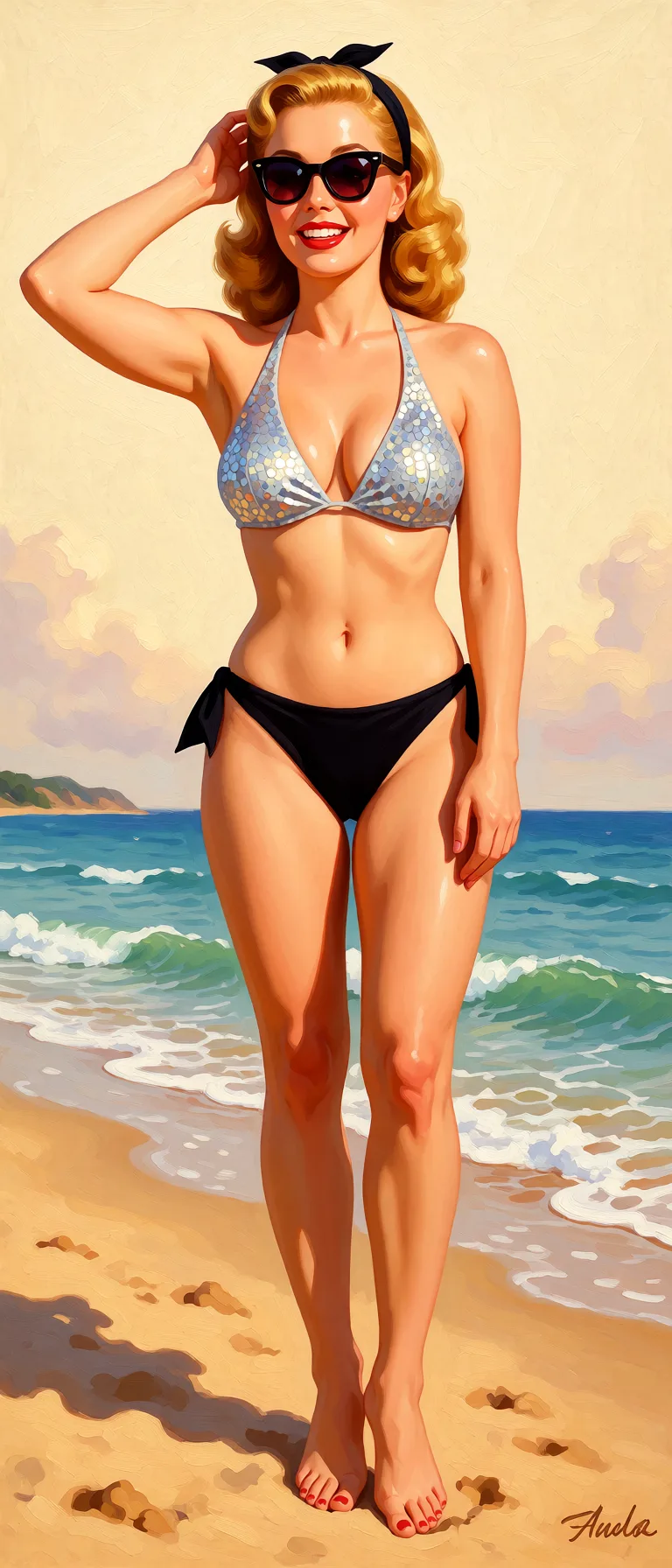 Redraw the entire picture as a retro pin-up illustration: smooth airbrushed gouache paint, warm saturated mid-century colour, clean confident outlines and glamorous stylised features, in the look of a 1950s pin-up poster. The background is painted in the same style. Nothing in the frame keeps its photographic appearance. Above all, the picture must show: nude.