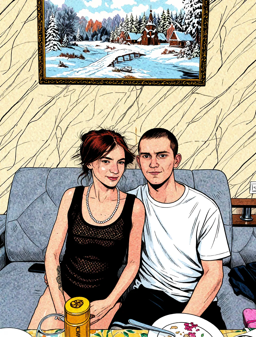 Redraw the entire picture as western comic-book art: heavy black inked outlines, hard-edged cel shading, limited high-contrast colour and visible halftone dot texture. The background is drawn in the same style. Nothing in the frame keeps its photographic appearance. Above all, the picture must show: Ебут девушку в анал, и потом кончают ей на лицо.