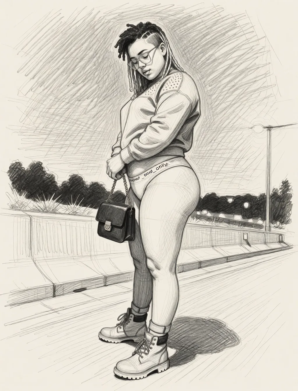 Redraw the entire picture as a hand-drawn graphite sketch on off-white paper: visible pencil strokes, cross-hatched shading, loose construction lines and no colour beyond the grey of the pencil and the tone of the paper. The background is drawn in the same style. Nothing in the frame keeps its photographic appearance. Above all, the picture must show: underwear_only.