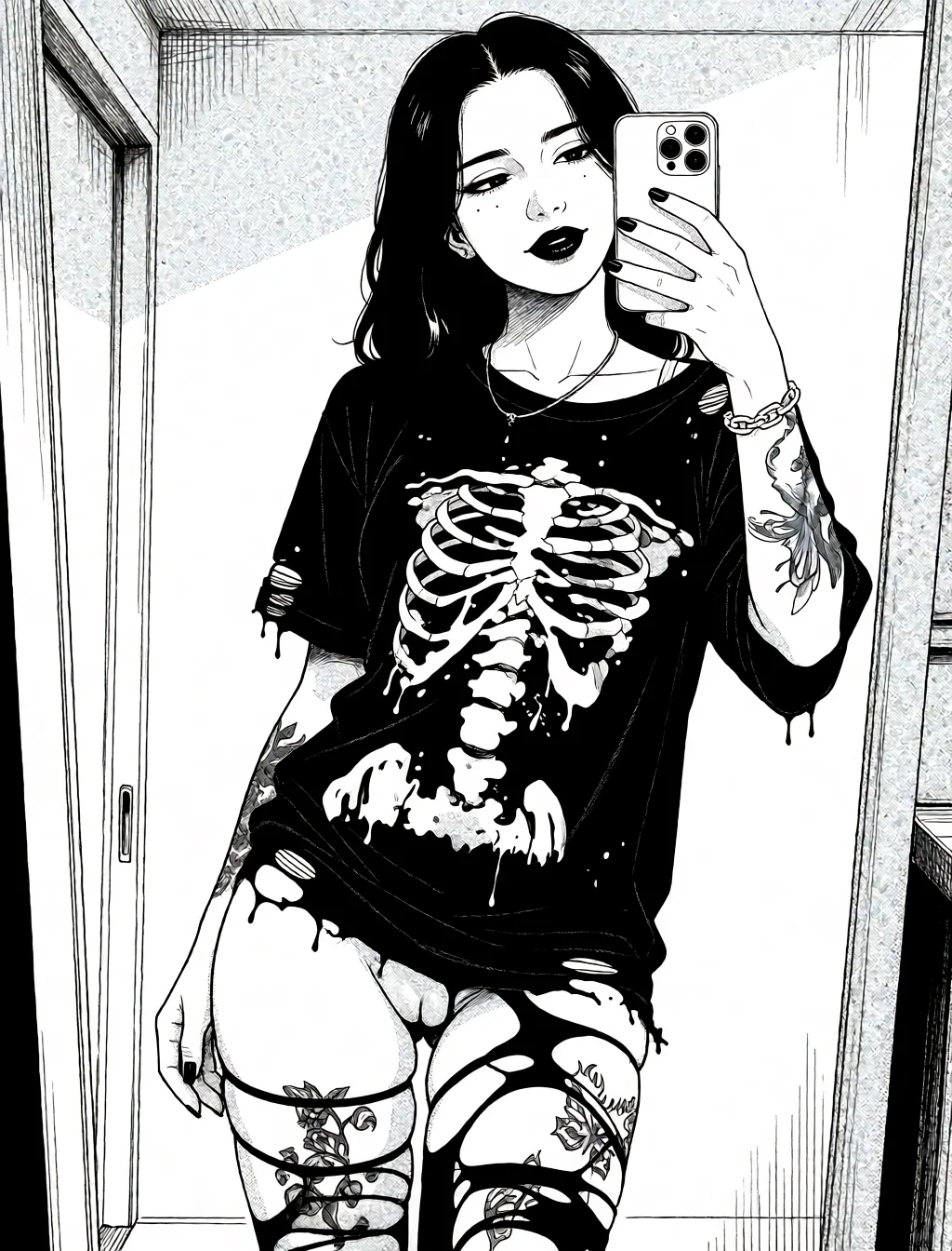 Redraw the entire picture as a black and white manga page: crisp black ink line art, no colour anywhere, flat halftone screentone shading, hatched shadows and clean white highlights, in the look of a printed manga panel. The background is drawn in the same style. Nothing in the frame keeps its photographic appearance. Above all, the picture must show: nude nurse_cap spread_legs.