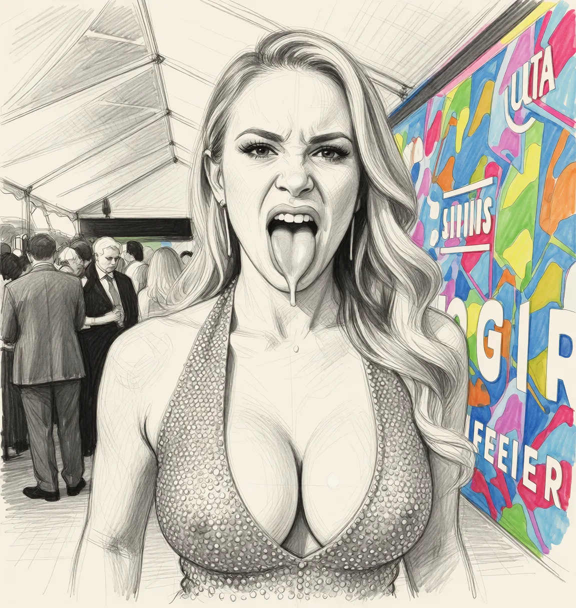 Redraw the entire picture as a hand-drawn graphite sketch on off-white paper: visible pencil strokes, cross-hatched shading, loose construction lines and no colour beyond the grey of the pencil and the tone of the paper. The background is drawn in the same style. Nothing in the frame keeps its photographic appearance. Above all, the picture must show: Licking tits.