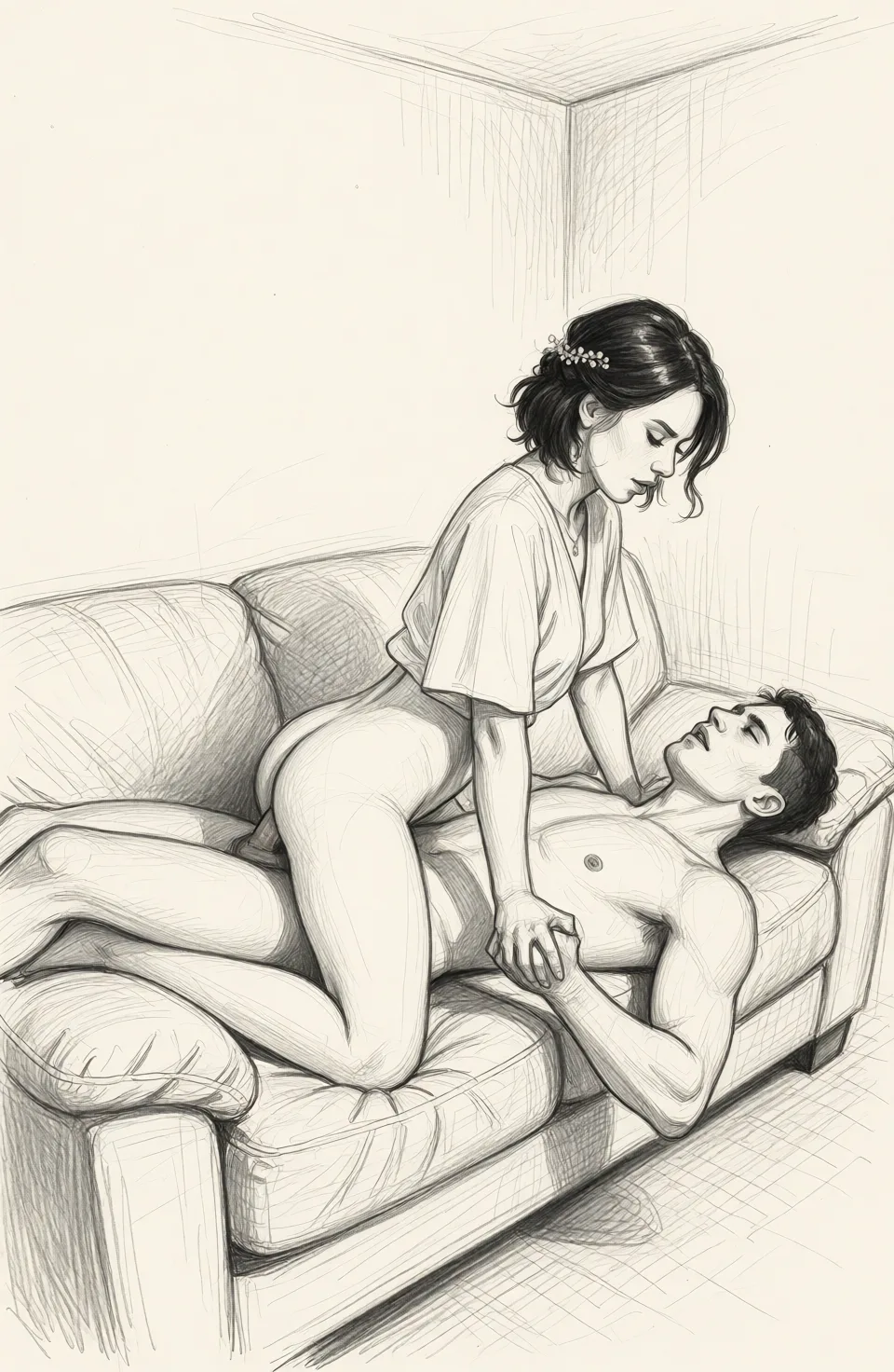 Redraw the entire picture as a hand-drawn graphite sketch on off-white paper: visible pencil strokes, cross-hatched shading, loose construction lines and no colour beyond the grey of the pencil and the tone of the paper. The background is drawn in the same style. Nothing in the frame keeps its photographic appearance. Above all, the picture must show: He's lying naked on the couch. She's on top, having sex with him in a horsewoman pose.