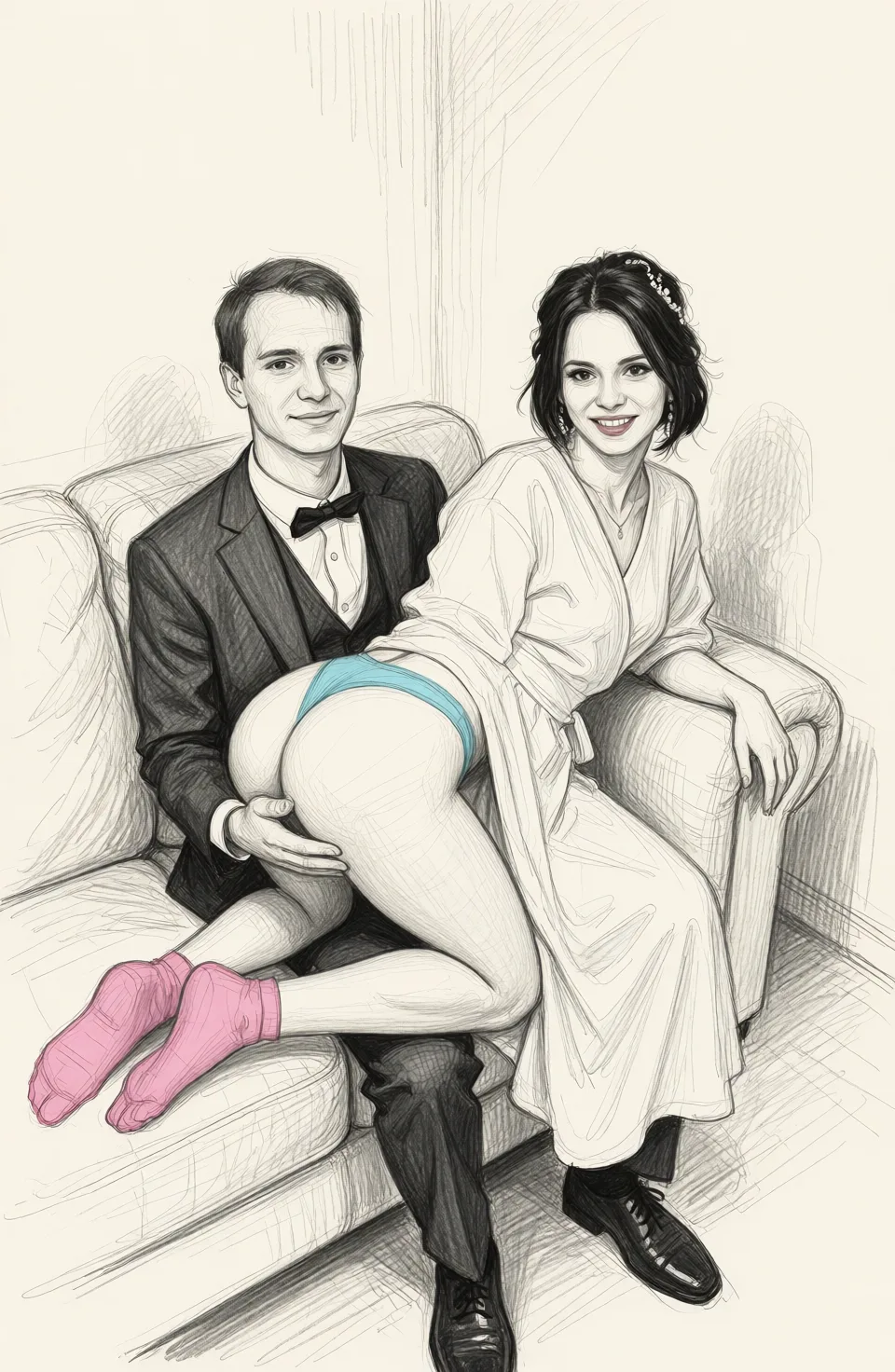 Redraw the entire picture as a hand-drawn graphite sketch on off-white paper: visible pencil strokes, cross-hatched shading, loose construction lines and no colour beyond the grey of the pencil and the tone of the paper. The background is drawn in the same style. Nothing in the frame keeps its photographic appearance. Above all, the picture must show: She's lying on his lap. You can see her ass in a blue thong, and her feet in short pink socks.