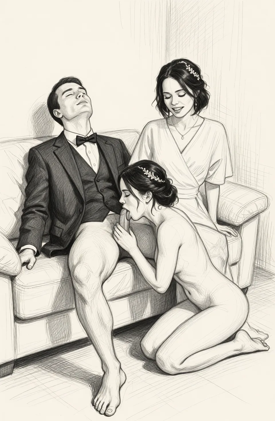 Redraw the entire picture as a hand-drawn graphite sketch on off-white paper: visible pencil strokes, cross-hatched shading, loose construction lines and no colour beyond the grey of the pencil and the tone of the paper. The background is drawn in the same style. Nothing in the frame keeps its photographic appearance. Above all, the picture must show: He's sitting naked on the couch, legs spread, head thrown back, eyes closed. He sits next to me on the floor on his knees and licks the cum off his penis.