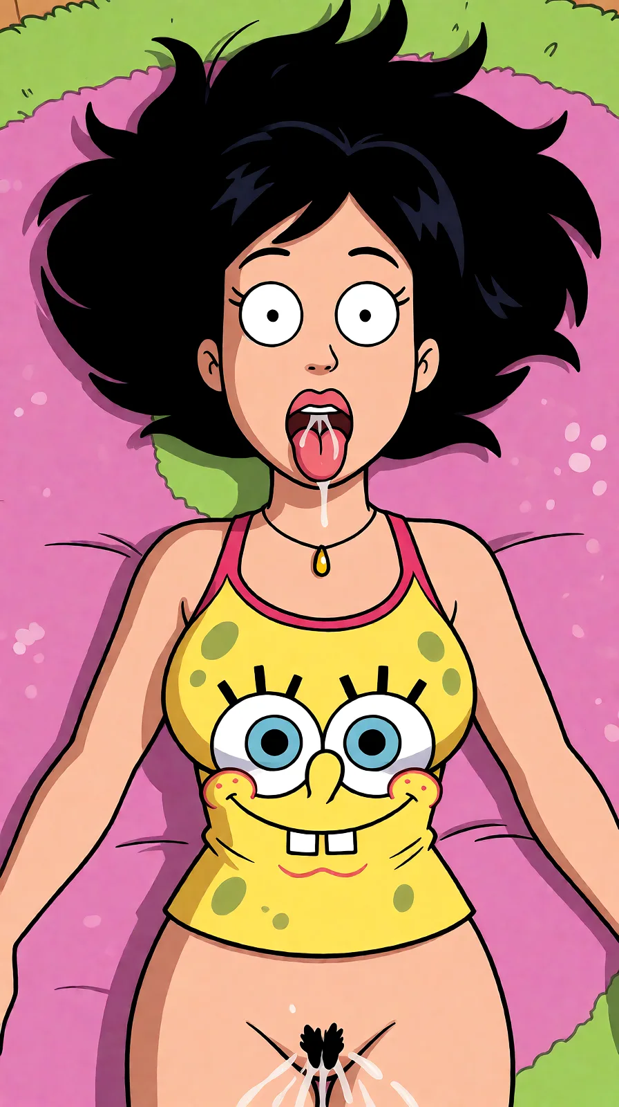 Redraw the entire picture as a western animated cartoon cel: thick even outlines, flat bright blocks of colour, simplified rounded shapes and hard-edged shadows, in the look of a television cartoon rather than of a camera. Keep the woman's adult proportions and adult figure exactly as they are; only the drawing style changes. The background is drawn in the same style. Nothing in the frame keeps its photographic appearance. Above all, the picture must show: cum_in_mouth.