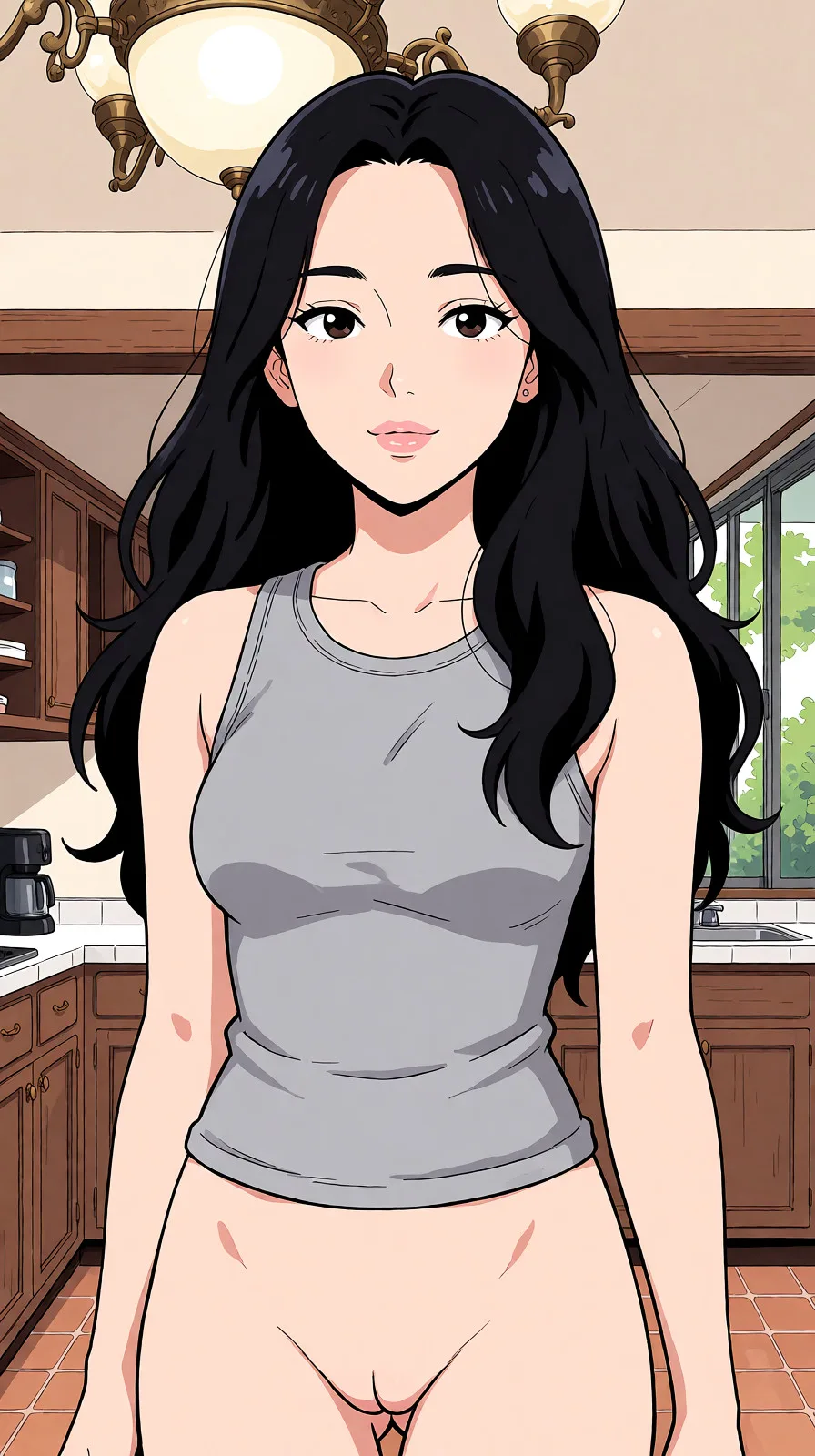 Redraw the entire picture as a hand-drawn anime illustration in flat cel-shaded anime style. It stays the same person with the same face, the same expression, the same hair and the same skin tone, and every other detail of the photograph is kept exactly as it is: nothing is added, removed, moved, uncovered or recoloured. Only the medium changes, and no part of the picture is left photographic. Above all, the picture must show: take off clothes.