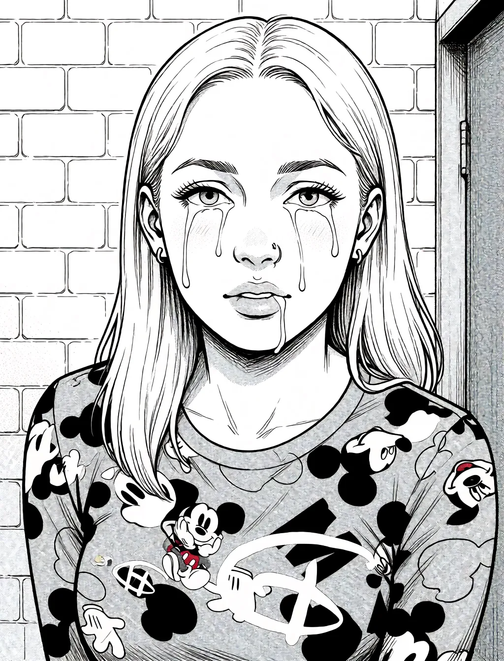 Redraw the entire picture as a black and white manga page: crisp black ink line art, no colour anywhere, flat halftone screentone shading, hatched shadows and clean white highlights, in the look of a printed manga panel. The background is drawn in the same style. Nothing in the frame keeps its photographic appearance. Above all, the picture must show: Сосет член.