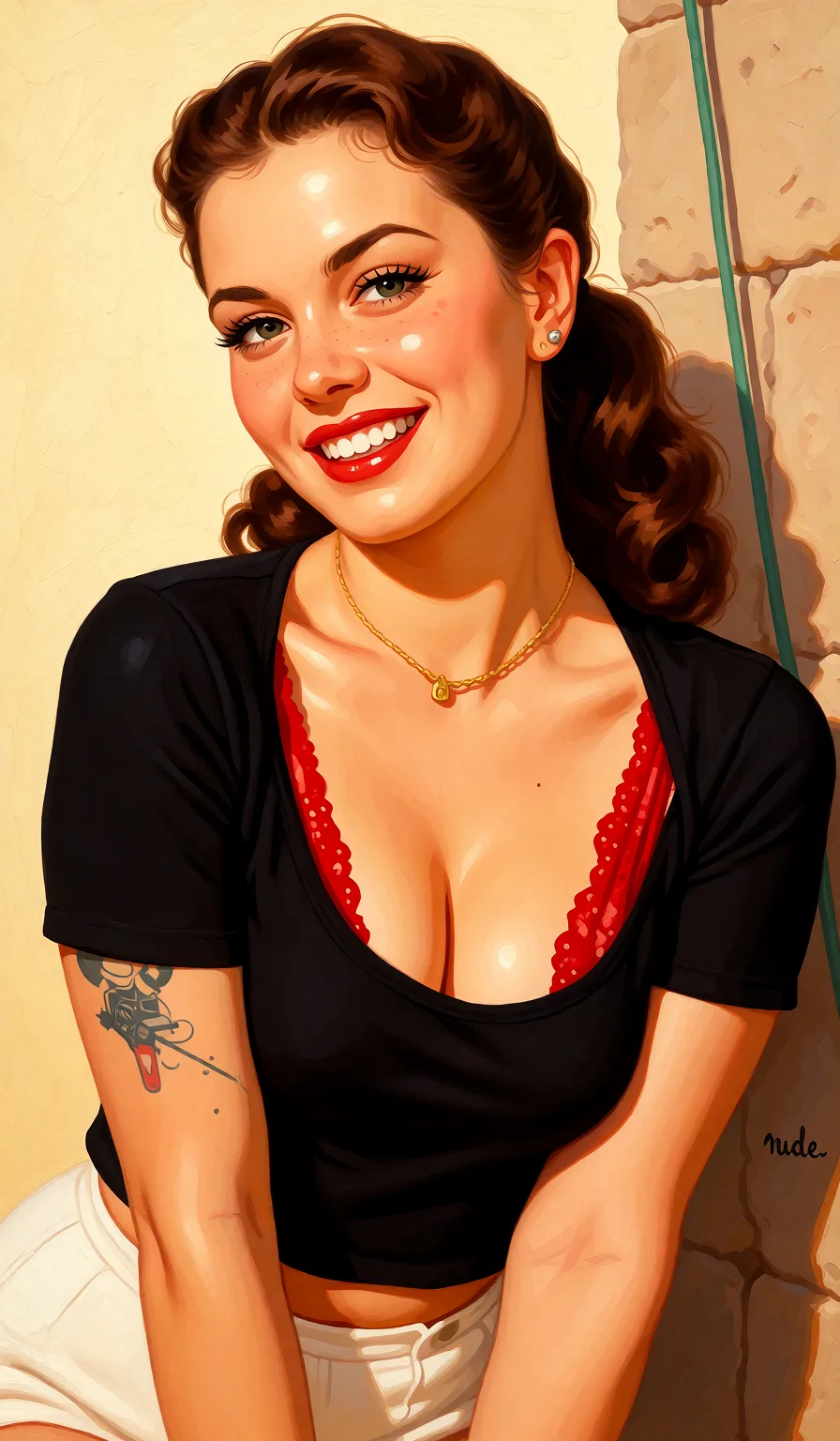 Redraw the entire picture as a retro pin-up illustration: smooth airbrushed gouache paint, warm saturated mid-century colour, clean confident outlines and glamorous stylised features, in the look of a 1950s pin-up poster. The background is painted in the same style. Nothing in the frame keeps its photographic appearance. Above all, the picture must show: "nude".