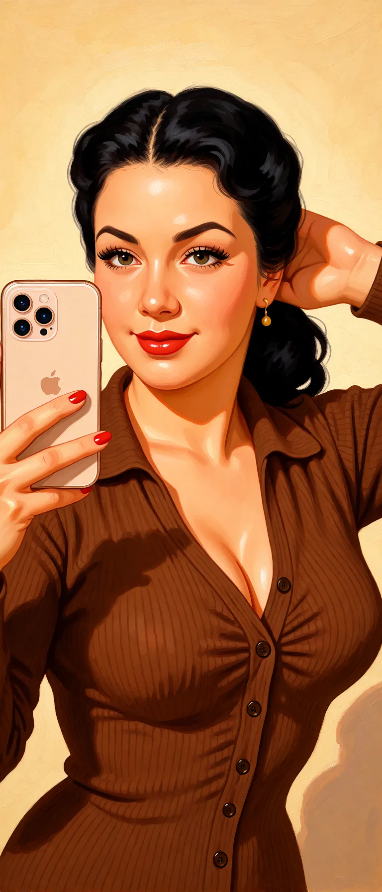 Redraw the entire picture as a retro pin-up illustration: smooth airbrushed gouache paint, warm saturated mid-century colour, clean confident outlines and glamorous stylised features, in the look of a 1950s pin-up poster. The background is painted in the same style. Nothing in the frame keeps its photographic appearance. Above all, the picture must show: Grab boobs.