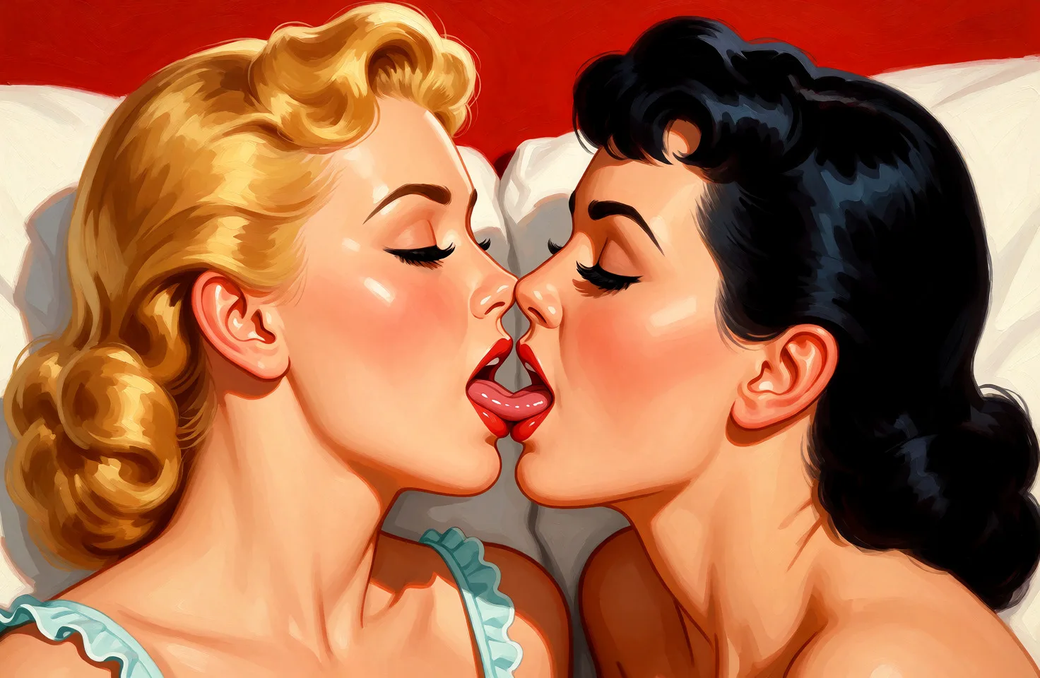 Redraw the entire picture as a retro pin-up illustration: smooth airbrushed gouache paint, warm saturated mid-century colour, clean confident outlines and glamorous stylised features, in the look of a 1950s pin-up poster. The background is painted in the same style. Nothing in the frame keeps its photographic appearance. Above all, the picture must show: tongues not touching.