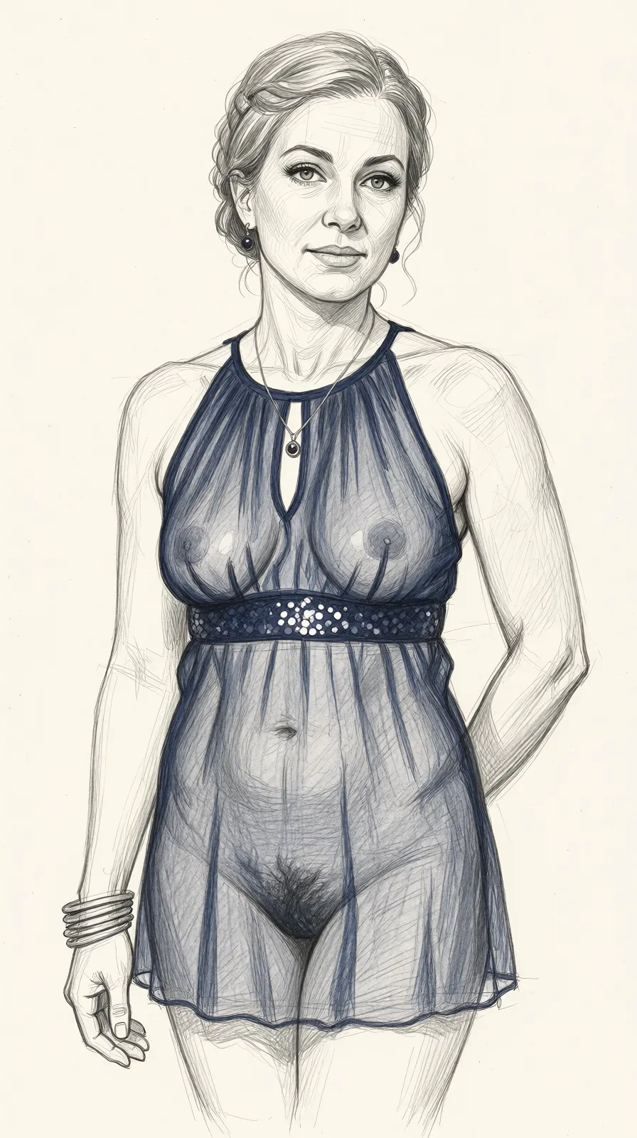 Redraw the entire picture as a hand-drawn graphite sketch on off-white paper: visible pencil strokes, cross-hatched shading, loose construction lines and no colour beyond the grey of the pencil and the tone of the paper. The background is drawn in the same style. Nothing in the frame keeps its photographic appearance. Above all, the picture must show: wearing only a mid thigh transparent negligee. no background.