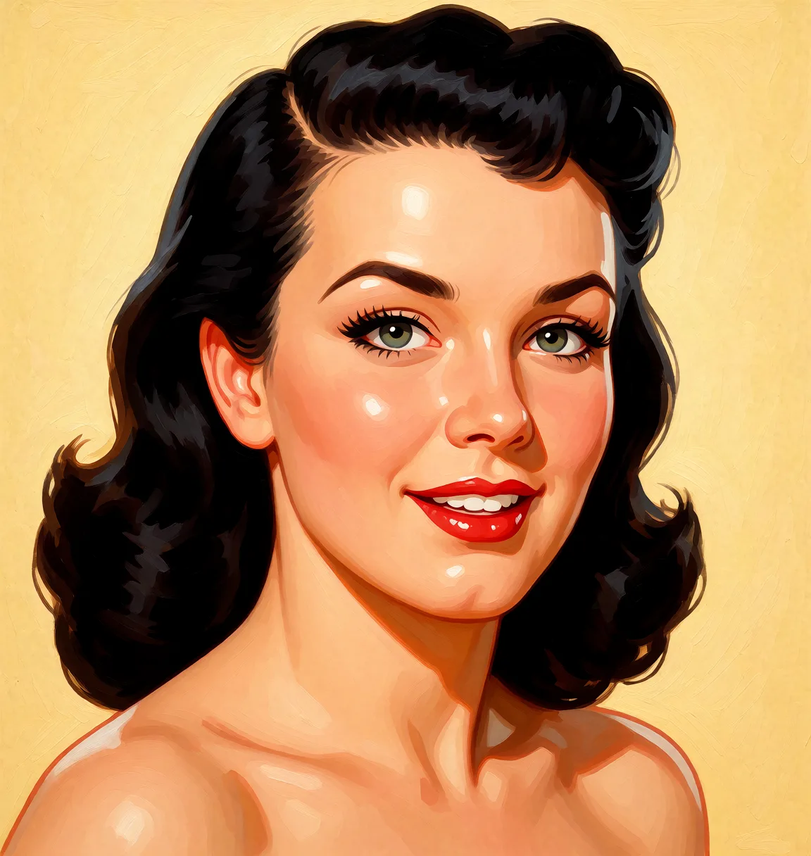 Redraw the entire picture as a retro pin-up illustration: smooth airbrushed gouache paint, warm saturated mid-century colour, clean confident outlines and glamorous stylised features, in the look of a 1950s pin-up poster. The background is painted in the same style. Nothing in the frame keeps its photographic appearance. Above all, the picture must show: Nake pussy.
