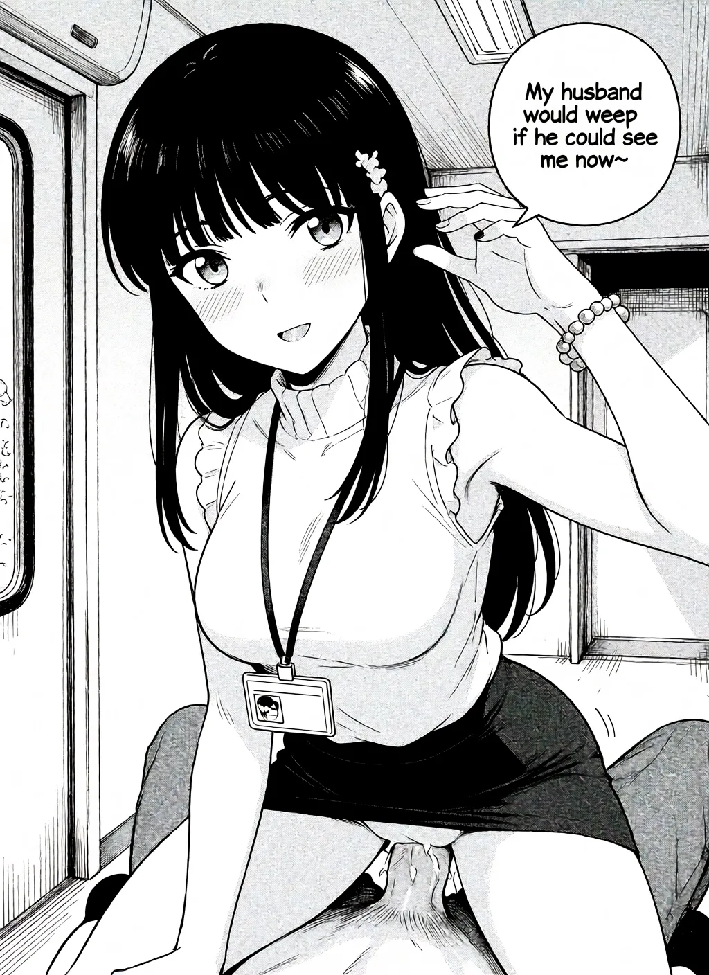 Redraw the entire picture as a black and white manga page: crisp black ink line art, no colour anywhere, flat halftone screentone shading, hatched shadows and clean white highlights, in the look of a printed manga panel. The background is drawn in the same style. Nothing in the frame keeps its photographic appearance. Above all, the picture must show: pov shot. She is in the reverse cowgirl position, being fucked from the behind. Both her arms are on her knees. She is saying: 'My husband would weep if he could see me now~'.