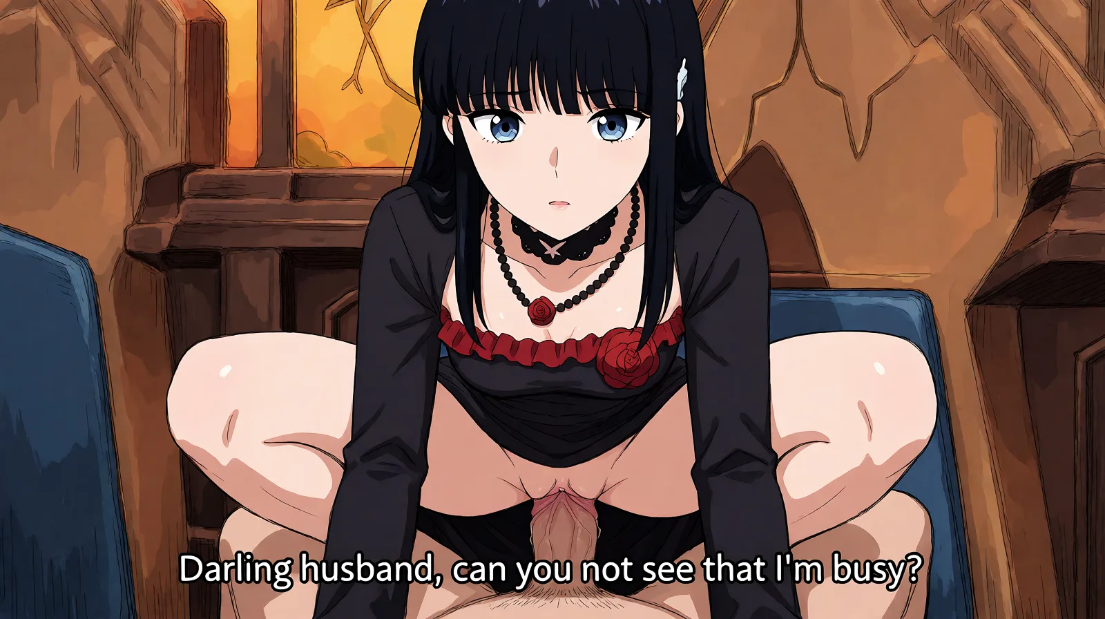 Redraw the entire picture as a hand-drawn anime illustration in flat cel-shaded anime style. It stays the same person with the same face, the same expression, the same hair and the same skin tone, and every other detail of the photograph is kept exactly as it is: nothing is added, removed, moved, uncovered or recoloured. Only the medium changes, and no part of the picture is left photographic. Above all, the picture must show: looking at viewer as she squats over a large penis of a man who is not the viewer, as it penetrates her pussy. She is saying 'Darling husband, can you not see that I'm busy?'.