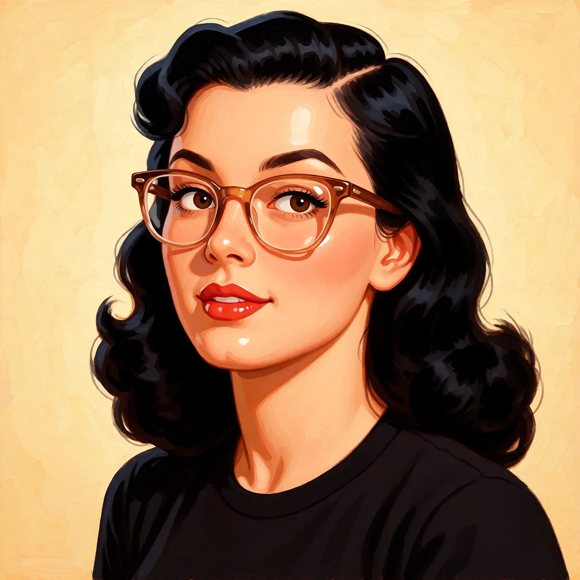 sex. Redraw the entire picture as a retro pin-up illustration: smooth airbrushed gouache paint, warm saturated mid-century colour, clean confident outlines and glamorous stylised features, in the look of a 1950s pin-up poster. The background is painted in the same style. Nothing in the frame keeps its photographic appearance.