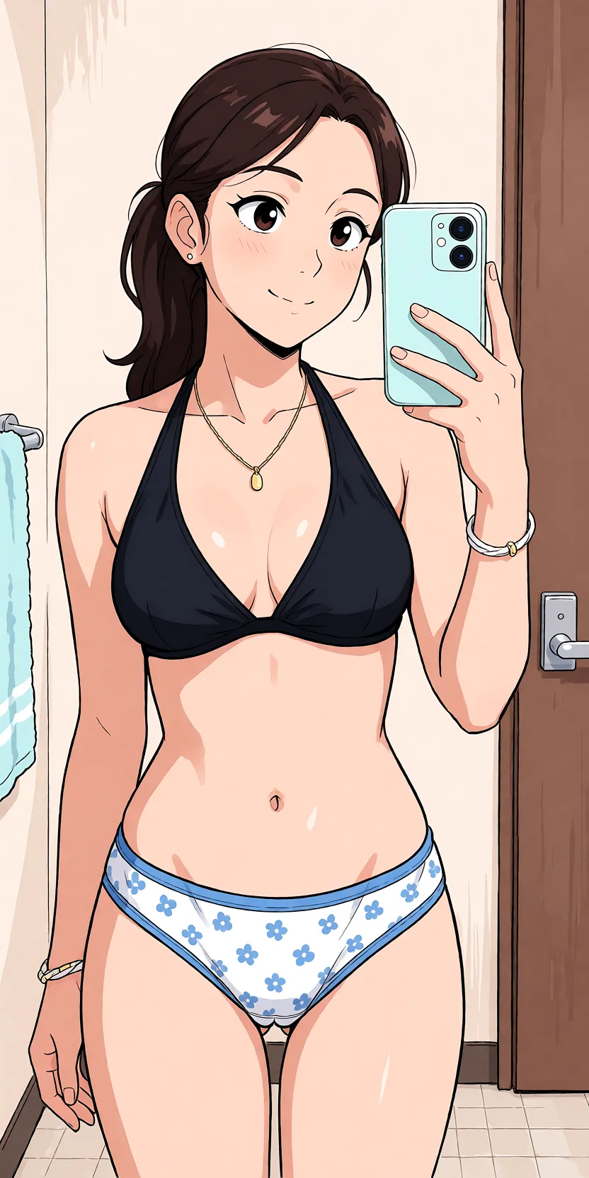 Redraw the entire picture as a hand-drawn anime illustration in flat cel-shaded anime style. It stays the same person with the same face, the same expression, the same hair and the same skin tone, and every other detail of the photograph is kept exactly as it is: nothing is added, removed, moved, uncovered or recoloured. Only the medium changes, and no part of the picture is left photographic. Above all, the picture must show: naked_towel presenting.