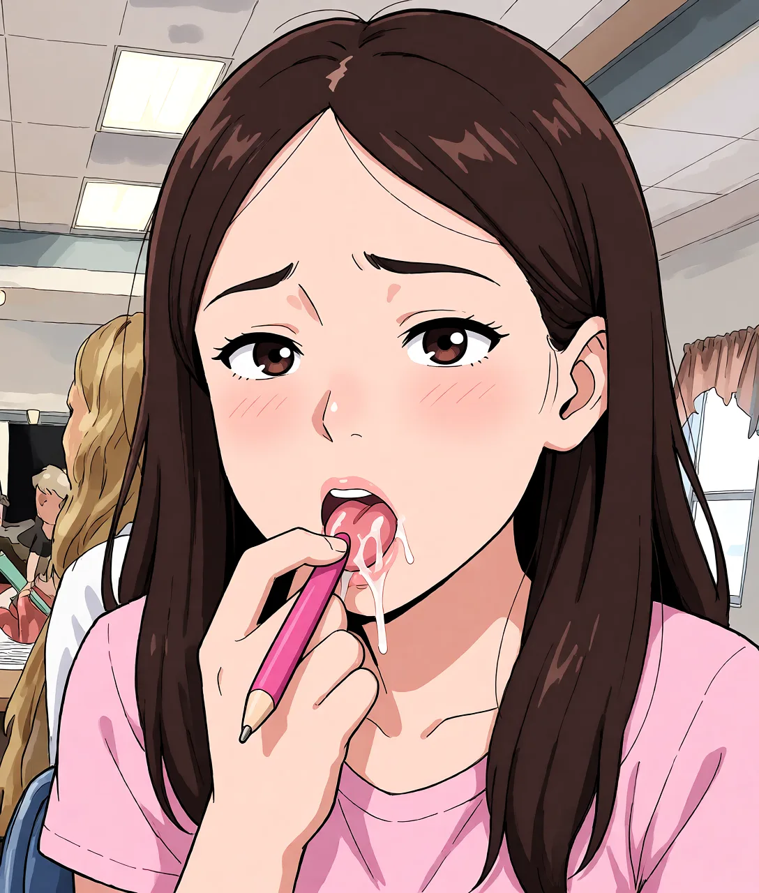 Redraw the entire picture as a hand-drawn anime illustration in flat cel-shaded anime style. It stays the same person with the same face, the same expression, the same hair and the same skin tone, and every other detail of the photograph is kept exactly as it is: nothing is added, removed, moved, uncovered or recoloured. Only the medium changes, and no part of the picture is left photographic. Above all, the picture must show: thong orgasm vibrator moaning.