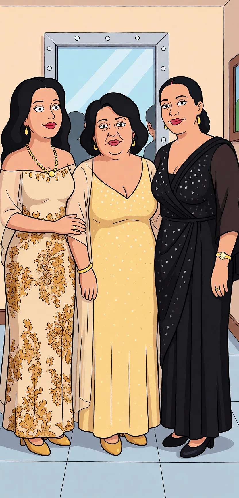 Redraw the entire picture as a western animated cartoon cel: thick even outlines, flat bright blocks of colour, simplified rounded shapes and hard-edged shadows, in the look of a television cartoon rather than of a camera. Keep the woman's adult proportions and adult figure exactly as they are; only the drawing style changes. The background is drawn in the same style. Nothing in the frame keeps its photographic appearance.
