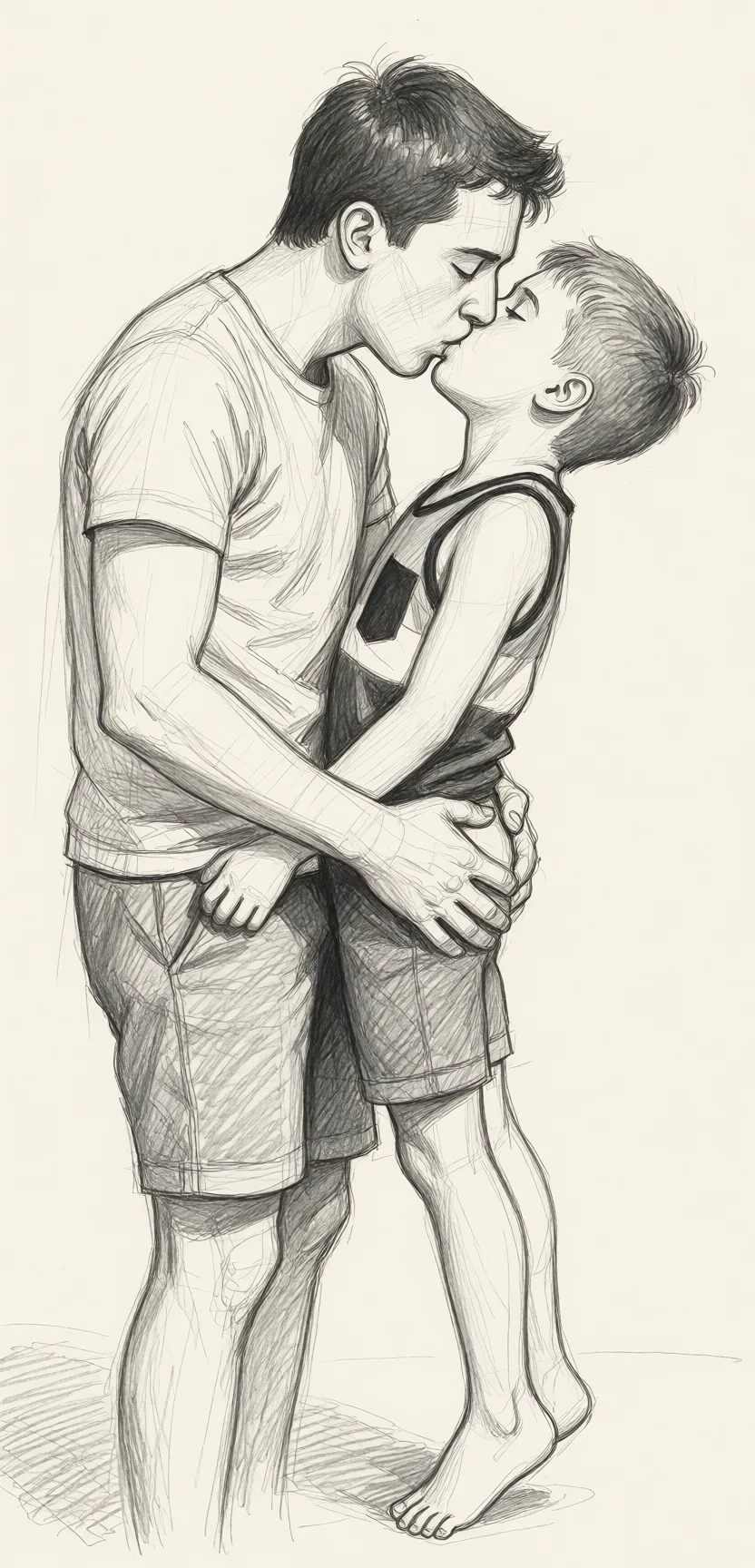 Redraw the entire picture as a hand-drawn graphite sketch on off-white paper: visible pencil strokes, cross-hatched shading, loose construction lines and no colour beyond the grey of the pencil and the tone of the paper. The background is drawn in the same style. Nothing in the frame keeps its photographic appearance. Above all, the picture must show: They are French kissing, tall guy is squeezing little guy's butt.