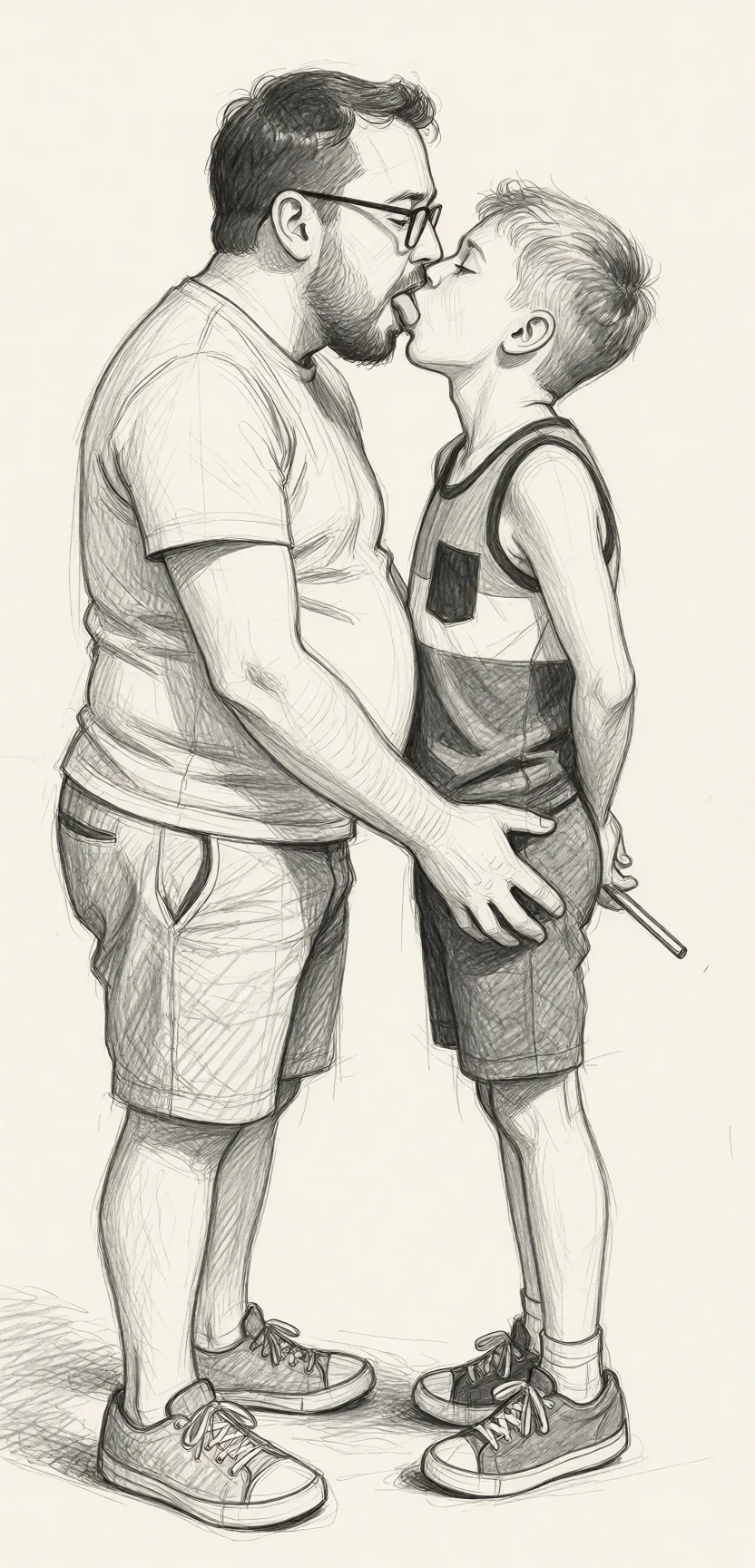 Redraw the entire picture as a hand-drawn graphite sketch on off-white paper: visible pencil strokes, cross-hatched shading, loose construction lines and no colour beyond the grey of the pencil and the tone of the paper. The background is drawn in the same style. Nothing in the frame keeps its photographic appearance. Above all, the picture must show: Tall guy has glasses, a beard and a potbelly, they are tongue kissing, tall guy is squeezing little guy's butt.