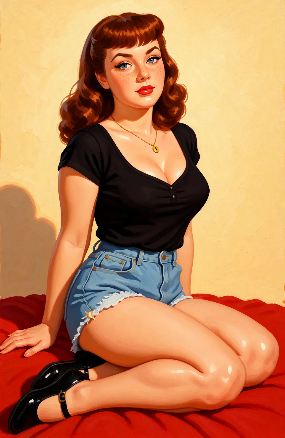 Redraw the entire picture as a retro pin-up illustration: smooth airbrushed gouache paint, warm saturated mid-century colour, clean confident outlines and glamorous stylised features, in the look of a 1950s pin-up poster. The background is painted in the same style. Nothing in the frame keeps its photographic appearance. Above all, the picture must show: Naked, chubby.