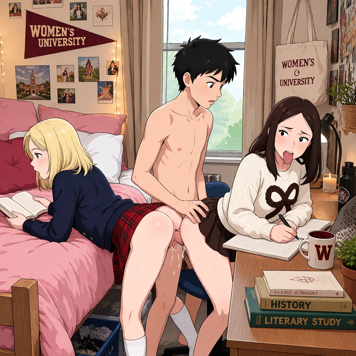 Redraw the entire picture as a hand-drawn anime illustration in flat cel-shaded anime style. It stays the same person with the same face, the same expression, the same hair and the same skin tone, and every other detail of the photograph is kept exactly as it is: nothing is added, removed, moved, uncovered or recoloured. Only the medium changes, and no part of the picture is left photographic. Above all, the picture must show: 2 2women 1woman blonde_hair bent_over all_fours wearing skirt sex_from_behind taking dildo in pussy from brown_hair 1woman as 1boy has penis in blonde_hair 1woman mouth_hold.