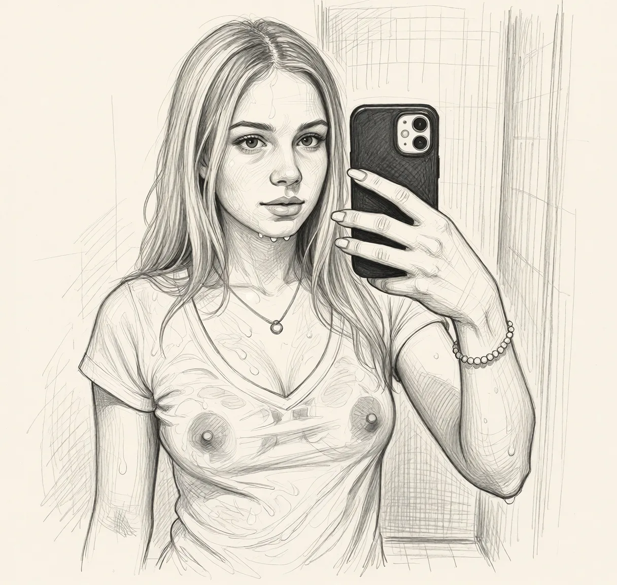 Redraw the entire picture as a hand-drawn graphite sketch on off-white paper: visible pencil strokes, cross-hatched shading, loose construction lines and no colour beyond the grey of the pencil and the tone of the paper. The background is drawn in the same style. Nothing in the frame keeps its photographic appearance. Above all, the picture must show: Wet white t shirt that has gone see through.