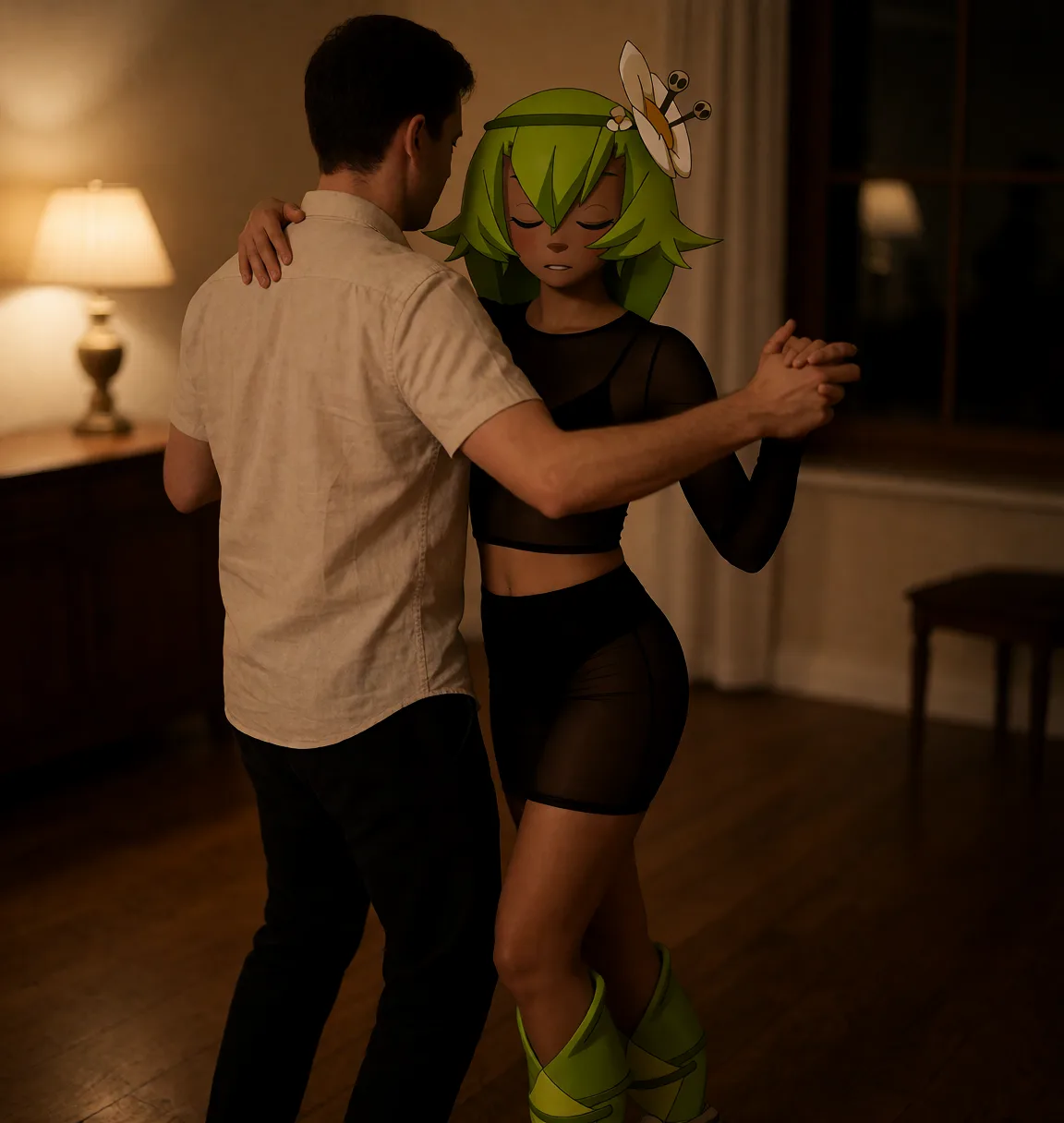 Edit the supplied photograph. Change only what is asked for below. Return one clean, natural, high-resolution photograph with realistic skin texture and no distortion. Replace her outfit with a sheer black mesh top and a matching fitted skirt. Show her slow dancing with a partner in dim warm light, one hand on the partner's shoulder and the other held, looking towards the camera over the partner's arm; the partner wears an ordinary shirt and trousers. Keep her face, her identity, her hair and her skin tone exactly as they are, and keep the room and the light she is in.