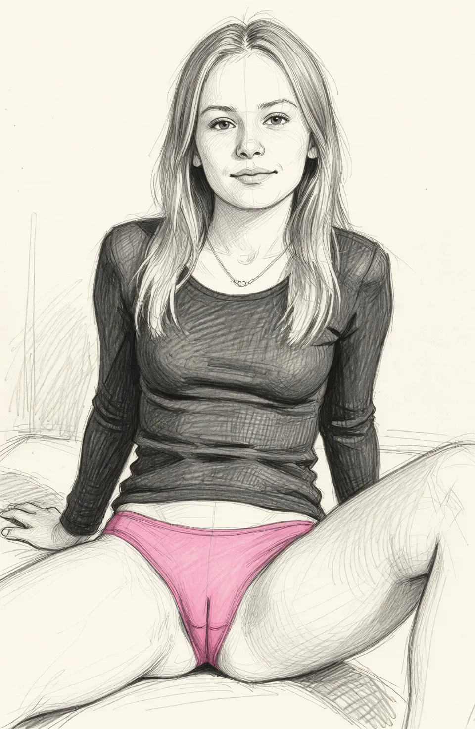 Redraw the entire picture as a hand-drawn graphite sketch on off-white paper: visible pencil strokes, cross-hatched shading, loose construction lines and no colour beyond the grey of the pencil and the tone of the paper. The background is drawn in the same style. Nothing in the frame keeps its photographic appearance. Above all, the picture must show: full_body, pink lingerie, open legs.