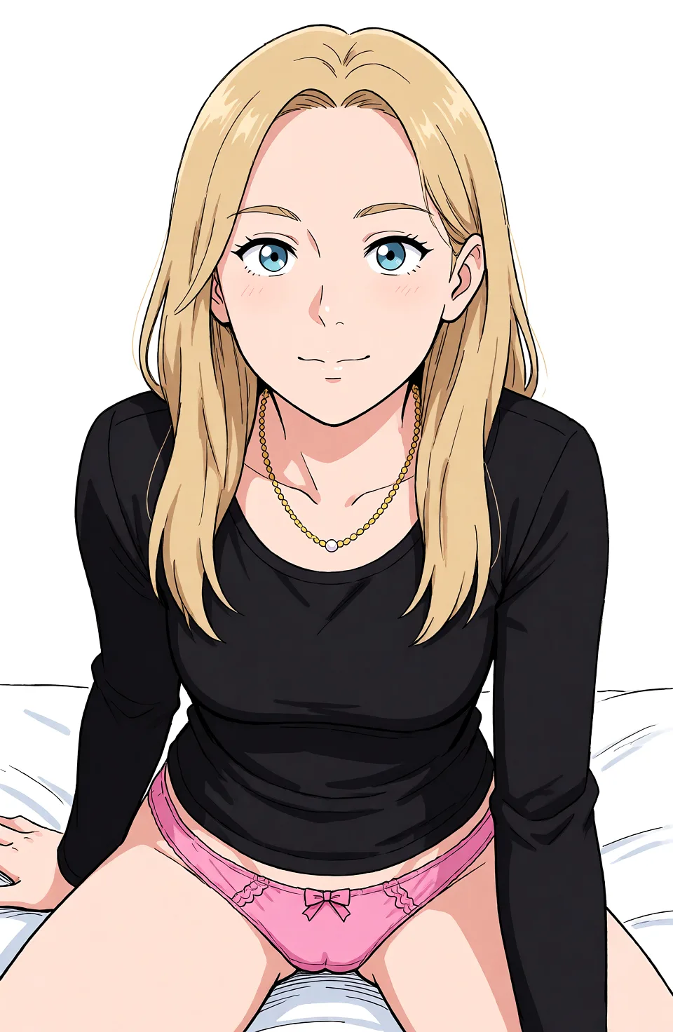 Redraw the entire picture as a hand-drawn anime illustration in flat cel-shaded anime style. It stays the same person with the same face, the same expression, the same hair and the same skin tone, and every other detail of the photograph is kept exactly as it is: nothing is added, removed, moved, uncovered or recoloured. Only the medium changes, and no part of the picture is left photographic. Above all, the picture must show: pink lingerie, open legs.