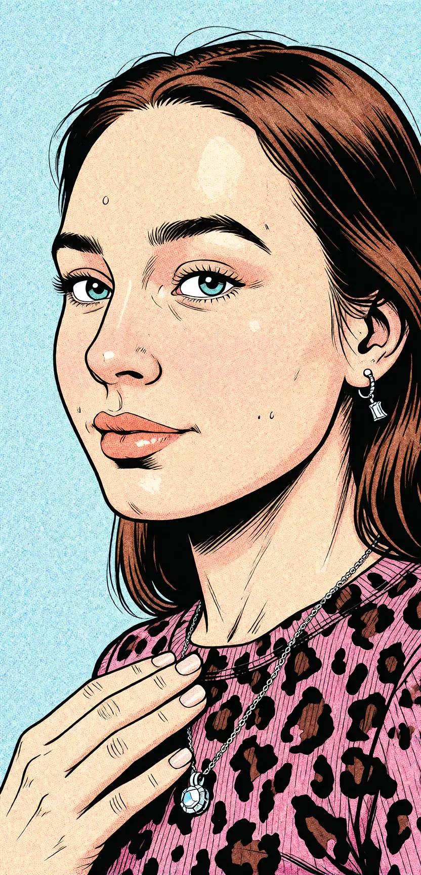 Redraw the entire picture as western comic-book art: heavy black inked outlines, hard-edged cel shading, limited high-contrast colour and visible halftone dot texture. The background is drawn in the same style. Nothing in the frame keeps its photographic appearance. Above all, the picture must show: Девушка с нулевым размером груди показывает вагину и мастурбирует свою немного волосатую вагину лицо остается не изменным маечка та же что на фото.